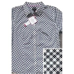 NWT Talbots Non-Iron Sz 14P Black/White Geometric Print Button Up Shirt Stretch